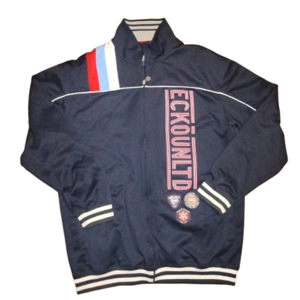 ECKO UNLTD-Mens Full Zip Track Athletic Jacket Coat Embroidered Patched Navy XXL